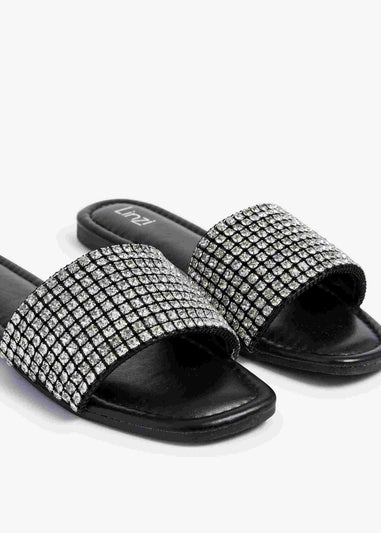 Linzi Shimmer Black Faux Leather Diamante Slider Sandals