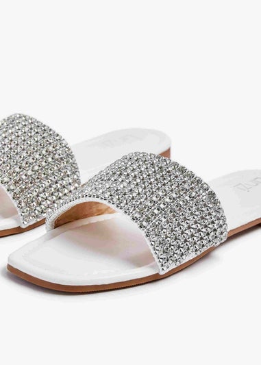 Linzi Shimmer White Faux Leather Diamante Slider Sandals