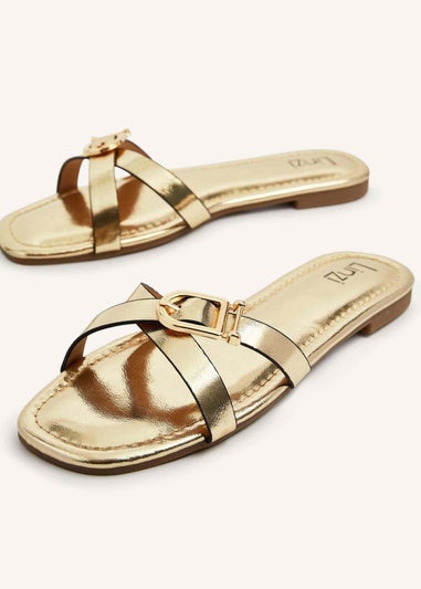 Linzi Yasmin Gold Faux Leather Crossover Slider Sandal