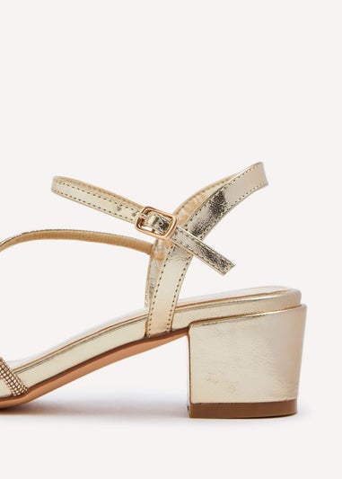 Linzi Riri Gold Faux Leather Diamante Strappy Block Heeled Sandal