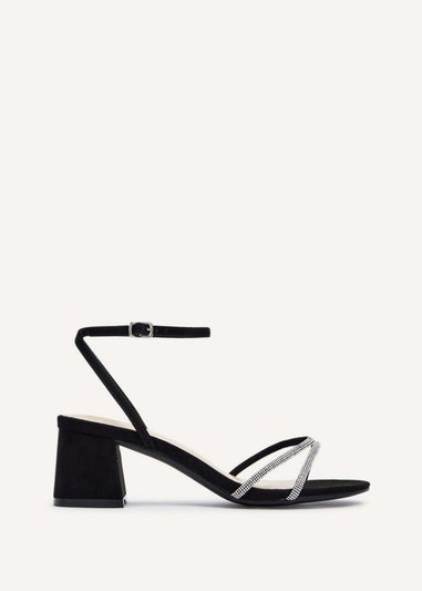 Linzi Dulcie Black Faux Suede Diamante Block Heeled Sandal