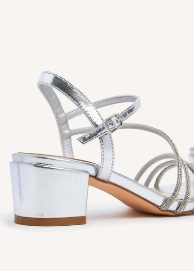 Linzi Riri Silver Faux Leather Diamante Strappy Block Heeled Sandal