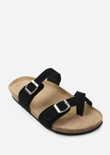 Where's That From Rio Black Nubuck Two Strap Buckle Sandals