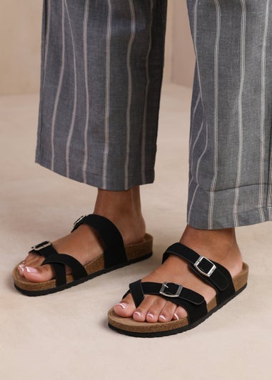 Where's That From Rio Black Nubuck Two Strap Buckle Sandals