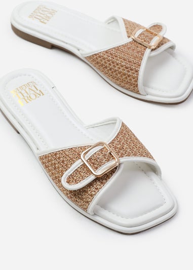 Where's That From Vermont White Pu Front Buckle Raffia Sliders