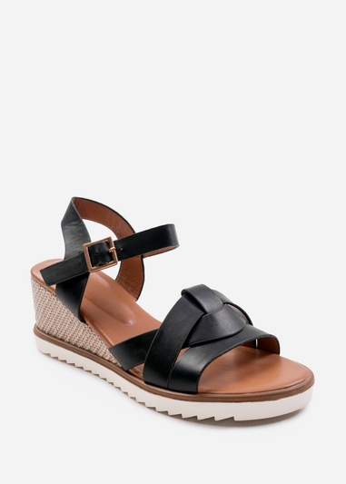 Where's That From Sydney Black Extra Wide-Fit Front Strap Wedges