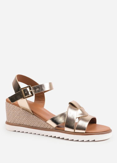 Where's That From Sydney Gold Extra Wide-Fit Front Strap Wedges