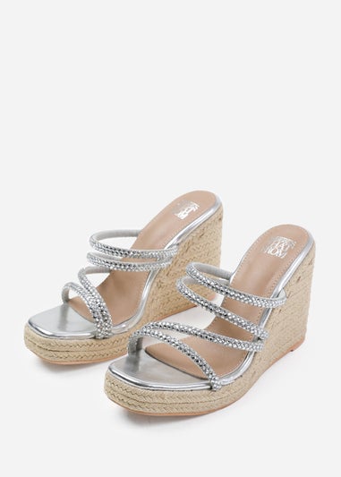 Where's That From Ohio Silver Metallic Multi Strap Espadrille Wedges