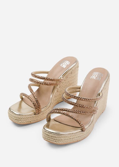 Where's That From Ohio Gold Metallic Multi Strap Espadrille Wedges