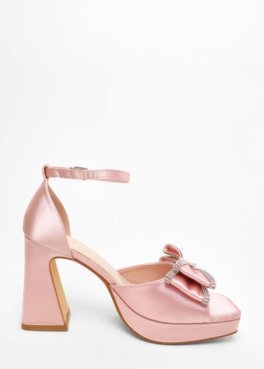 Quiz Pink Satin Bow Front Platform Heeled Sandals