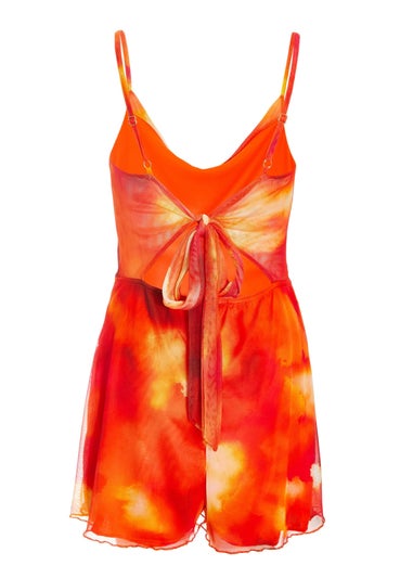 Quiz Orange Abstract Print Cowl Neck Mesh Playsuit