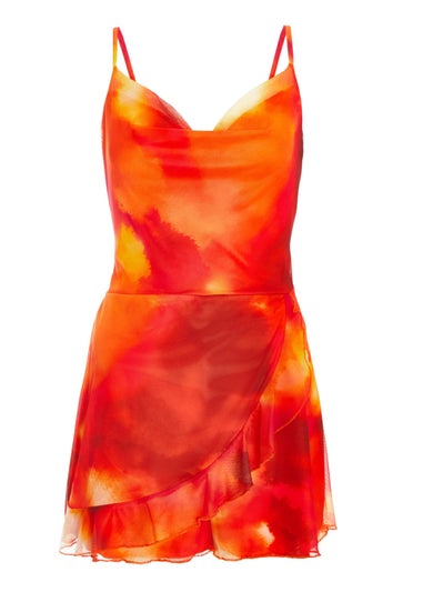 Quiz Orange Abstract Print Cowl Neck Mesh Playsuit