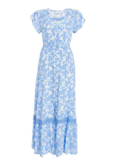 Quiz Blue Ditsy Floral Crochet Trim Maxi Dress