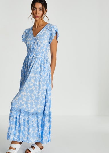 Quiz Blue Ditsy Floral Crochet Trim Maxi Dress