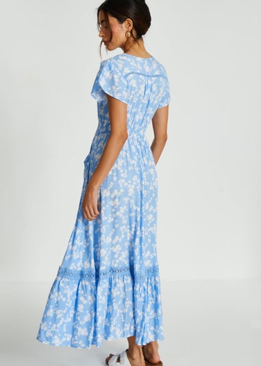 Quiz Blue Ditsy Floral Crochet Trim Maxi Dress