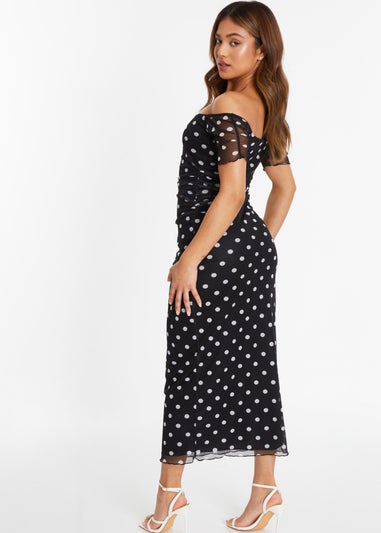 Quiz Black Petite Polka Dot Bardot Midaxi Dress