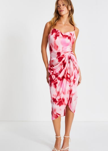 Quiz Red Marble Satin Ruched Midi Dress