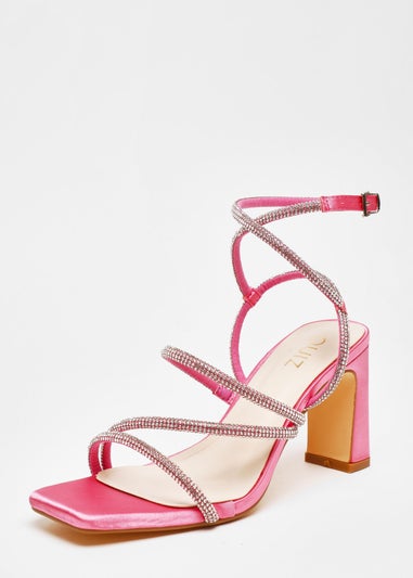 Quiz Pink Diamante Strappy Block Heeled Sandals