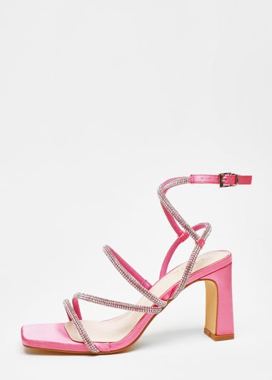 Quiz Pink Diamante Strappy Block Heeled Sandals