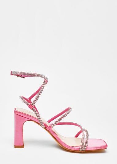 Quiz Pink Diamante Strappy Block Heeled Sandals