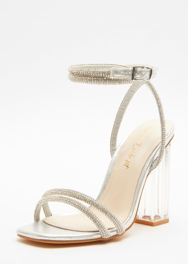 Quiz Silver Wide Fit Diamante Clear Heeled Sandals