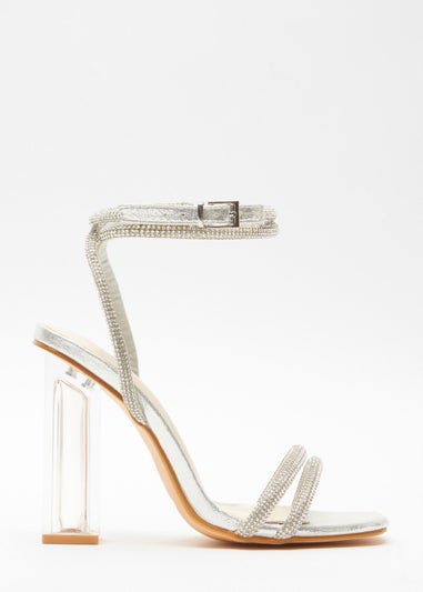 Quiz Silver Wide Fit Diamante Clear Heeled Sandals