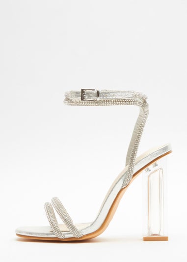 Quiz Silver Wide Fit Diamante Clear Heeled Sandals