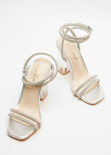 Quiz Silver Wide Fit Diamante Clear Heeled Sandals