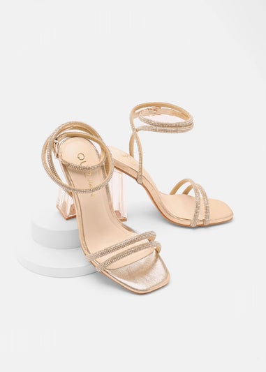 Quiz Gold Wide Fit Diamante Clear Heeled Sandals