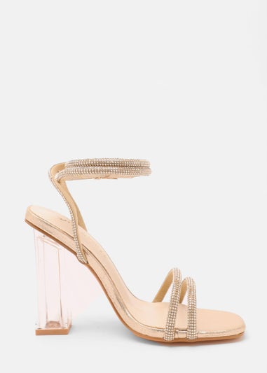 Quiz Gold Wide Fit Diamante Clear Heeled Sandals