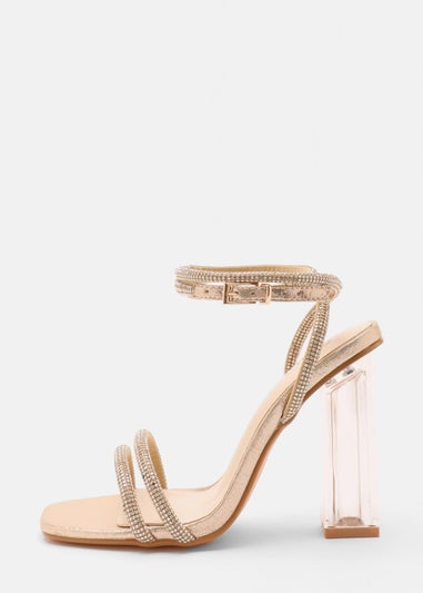 Quiz Gold Wide Fit Diamante Clear Heeled Sandals