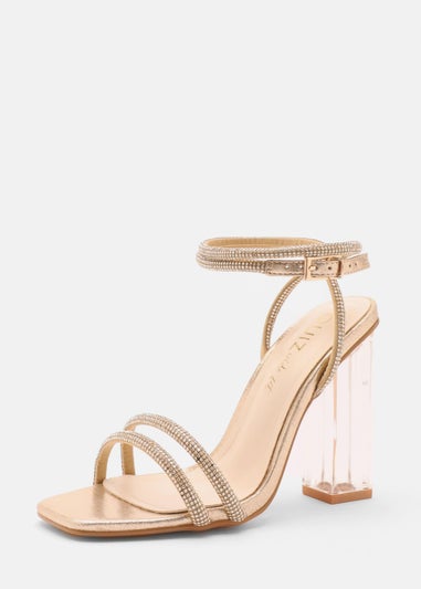 Quiz Gold Wide Fit Diamante Clear Heeled Sandals