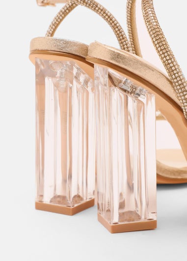 Quiz Gold Wide Fit Diamante Clear Heeled Sandals