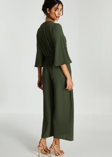 Quiz Khaki Wrap Tie Front Culotte Jumpsuit