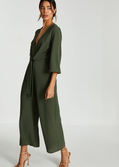 Quiz Khaki Wrap Tie Front Culotte Jumpsuit