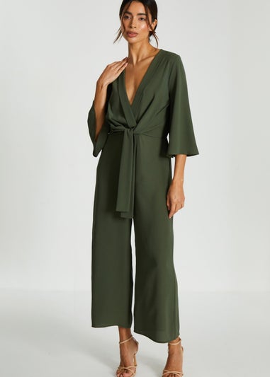 Quiz Khaki Wrap Tie Front Culotte Jumpsuit