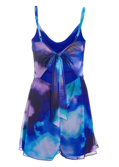 Quiz Blue Tie Dye Print Cowl Neck Mesh Playsuit