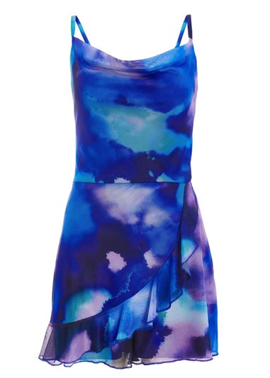 Quiz Blue Tie Dye Print Cowl Neck Mesh Playsuit