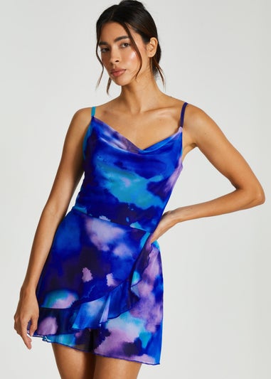 Quiz Blue Tie Dye Print Cowl Neck Mesh Playsuit