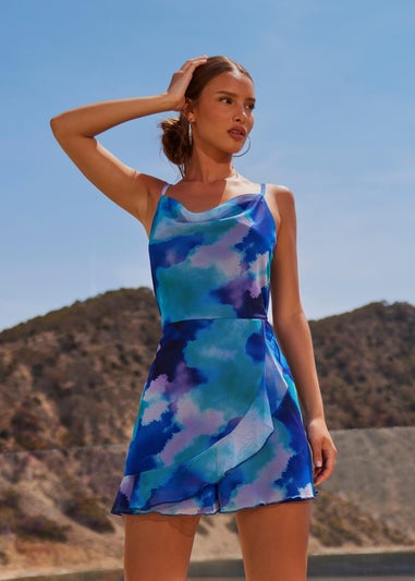 Quiz Blue Tie Dye Print Cowl Neck Mesh Playsuit