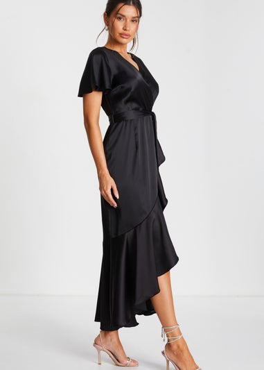 Quiz Black Satin Wrap Maxi Dress - Matalan