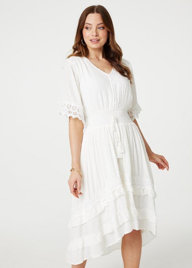 Izabel London White Lace Trim 3/4 Sleeve High Low Sundress