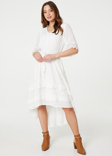 Izabel London White Lace Trim 3/4 Sleeve High Low Sundress