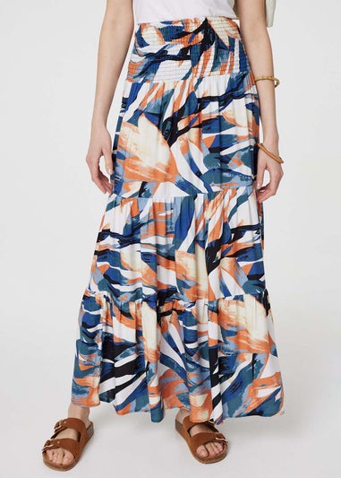 Izabel London Blue Printed Tiered High Waist Maxi Skirt