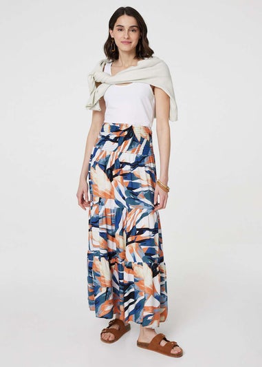 Izabel London Blue Printed Tiered High Waist Maxi Skirt