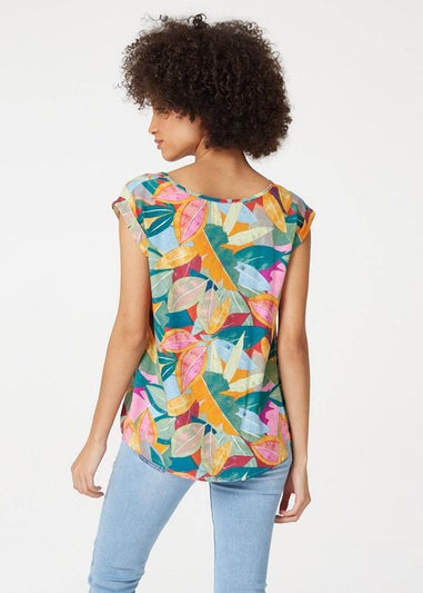 Izabel London Blue Leaf Print Short Sleeve Top