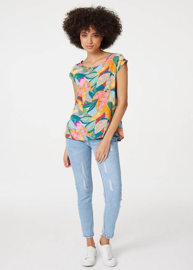 Izabel London Blue Leaf Print Short Sleeve Top