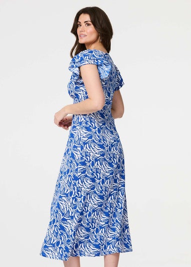 Izabel London Blue Printed Frill Cap Sleeve Midi Dress