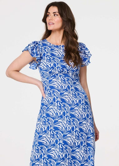 Izabel London Blue Printed Frill Cap Sleeve Midi Dress