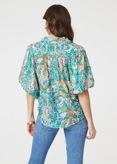 Izabel London Green Printed Puff 1/2 Sleeve Shirt